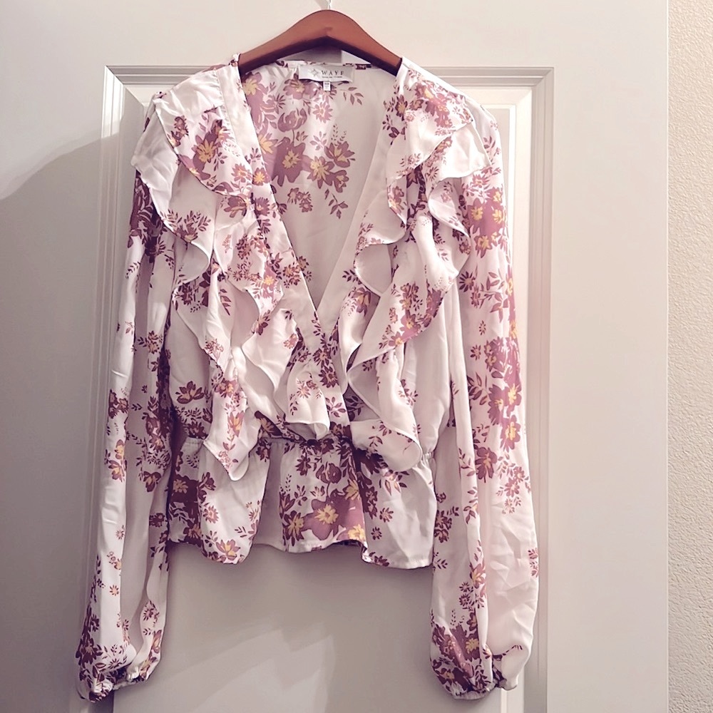 WAYF White Mauve Floral Flowy Blouse Top XS